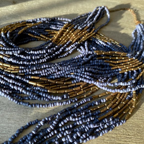 Long Multi-strand Necklace with Blue and Gold Beads - Picture 5 of 5
